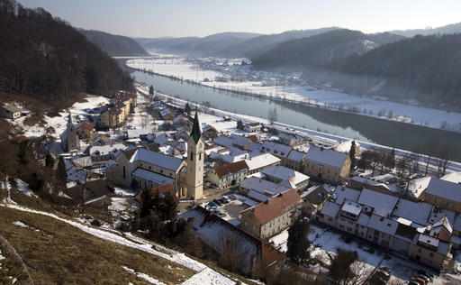 CORRECTS DATE - General view of the town of Sevnica, Slovenia, Friday, Jan. 20, 2017. The inauguration of Donald Trump is a big thing for a small town in Slovenia where the future U.S. first lady traces her roots. Starting Friday, the industrial town of Sevnica plans three days of events to mark the inauguration and welcome all guests wishing to see where Melania Trump grew up. (AP Photo/Darko Bandic)