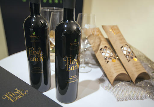 Bottles of local wine "First Lady" and a of pair of locally produced "First Lady" salami are displayed for visitors in Sevnica, Slovenia, Friday, Jan. 20, 2017. The inauguration of Donald Trump is a big thing for a small town in Slovenia where the future U.S. first lady traces her roots. Starting Friday, the industrial town of Sevnica plans three days of events to mark the inauguration and welcome all guests wishing to see where Melania Trump grew up. (AP Photo/Darko Bandic)