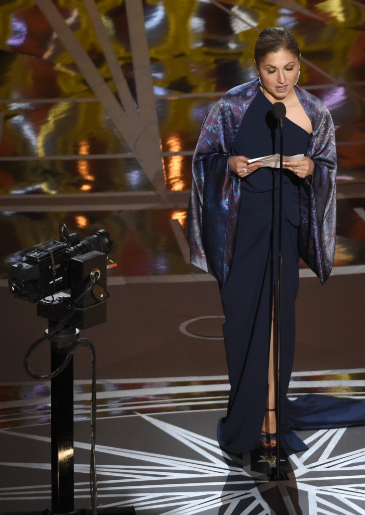 Anousheh Ansari accepts the award for best foreign language film for "The Salesman" on behalf of Asghar Farhadi at the Oscars on Sunday, Feb. 26, 2017, at the Dolby Theatre in Los Angeles. (Photo by Chris Pizzello/Invision/AP)